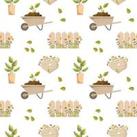 Gardening seamless pattern, wooden fence, heart sign, plant pot and garden cart on white background Print, textile, design for decor vector