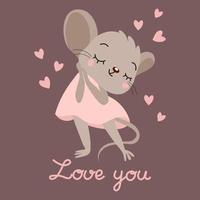 ilustración infantil, lindo ratón enamorado con un vestido rosa con corazones y texto te amo, personaje de dibujos animados. impresión, postal, imágenes prediseñadas vector