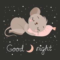 Children's illustration, cute mouse sleeping on a pink pad and text Good night on the background of the night sky, cartoon character. Print, postcard, clip art