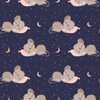 Seamless pattern, cute sleeping mice on the night sky background with moon and stars. Children's print, textile, design for the bedroom and holidays, wallpaper vector