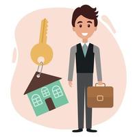 ilustración, hombre vendiendo bienes raíces e icono de la casa en clave. ilustración de dibujos animados, imágenes prediseñadas, vector