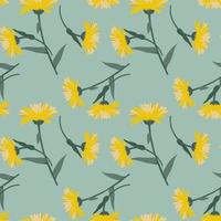 Seamless pattern, yellow echinacea flowers with leaves on a green background. Print, textile, decor for pastel linen, wallpaper vector