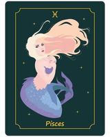 signo del zodiaco piscis, hermosa sirena mágica sobre un fondo oscuro con estrellas. cartel astrológico, ilustración, tarot