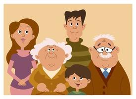 Illustration, family happiness. Cute family portrait, grandparents, parents and child. Family concept. Print, clip art, cartoon style vector