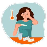 Illustration, sad sick girl with a thermometer and pills. Medicine concept. Poster, clip art, vector