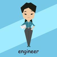 Abstract profession character, drawn engineer girl with paper rolls, projects. Cartoon illustration, clip art, icon, vector