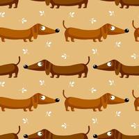 patrón impecable, lindos perros dachshund y hojas sobre un fondo marrón. concepto feliz, fondo colorido, estampado, textil