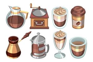 Coffee icons set, Turkish coffee maker, glass cups with coffee, jug, coffee grinder. Drink icons, dessert, decor elements