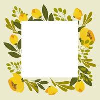 Square frame for text, decorated with yellow poppy flowers and branches with leaves. Illustration, postcard, wedding invitation
