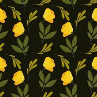 Seamless pattern, yellow flowers tulips and branches with leaves on a dark background. Print, textile, wallpaper, bedroom decor vector