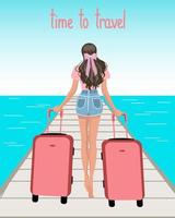 Travel illustration, a young beautiful girl with suitcases on the background of the sea and the inscription. Clip art, print, design for travel agencies vector