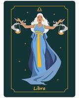 Libra zodiac sign, beautiful magical woman with scales on a dark background with stars. Astrological poster, illustration, tarot vector