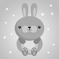 Children's illustration, cute gray baby hare on a gentle background with stars. Print, postcard, children's bedroom decor