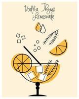 Illustration, glass with summer cocktail with orange slices, thyme and ice cubes. Icon, clip-art, vector