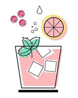 cóctel de verano dibujado con rodajas de pomelo, arándanos, hojas de menta y cubitos de hielo. icono, imágenes prediseñadas, vector