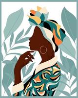 African woman in a colorful national headdress on a background of tropical leaves. Illustration, poster, wall art, vector