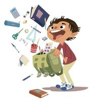 Boy taking school supplies out of backpack vector