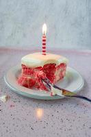 Slice of yellow jello cake with pudding frosting with a single lit candle on plate with fork photo