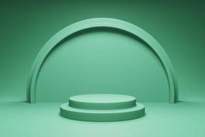 3D rendering teal colour podium or pedestal for product display background with circular shape wall decorations. 3D mockup illustration photo