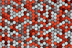 las formas geométricas redondas rojas y grises se mueven hacia arriba y hacia abajo al azar. representación de ilustración 3d de mosaico geométrico de vista superior de círculo abstracto foto