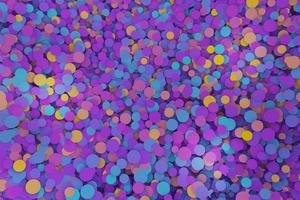 Purple, violet, and yellow confetti round geometric shapes moving up down randomly. Abstract circle top view geo mosaic 3D illustration rendering photo