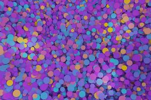 Purple, violet, and yellow confetti round geometric shapes moving up down randomly. Abstract circle top view geo mosaic 3D illustration rendering photo