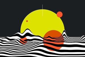 Black and white wavy stripes on black background. Trendy abstract ripple texture. Smooth flowing lines pattern design and large sun on the horizon 3d illustration photo