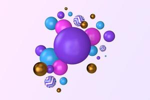 ilustración de fondo decorativa abstracta de bolas aleatorias de rayas rosas, violetas, azules y en zigzag. Fondo de pantalla abstracto de renderizado 3d. esferas de diferentes tamaños con reflejos claros foto