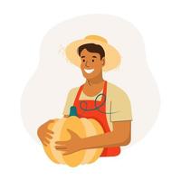 Farmer with Pumpkin. Man is a Gardener. Harvesting Pumpkins. Cute autumn harvest and garden concept illustration. Farmer isolated character on white background. Vector illustration.