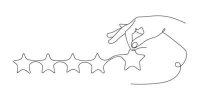 Hand points to the Stars. Line art drawing. Continuous black and white drawing on a white background. An illustration for evaluating the Rating of something. Icon for rating, Reviews, feedback. vector