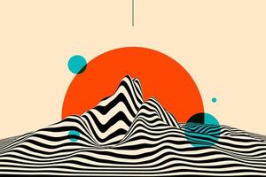 gran sol naranja sobre una montaña ondulada a rayas. arte de ilusión óptica. Fondo de paisaje de flujo de rayas onduladas abstractas. ilustración de líneas en blanco y negro foto