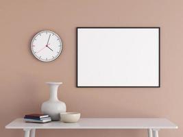 Modern and minimalist horizontal black poster or photo frame mockup on the wall in the living room. 3d rendering.