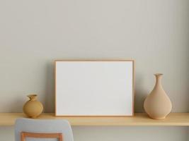 Modern and minimalist horizontal wooden poster or photo frame mockup on the wall in the living room. 3d rendering.