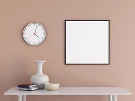 Modern and minimalist square black poster or photo frame mockup on the wall in the living room. 3d rendering.