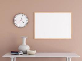 Modern and minimalist horizontal wooden poster or photo frame mockup on the wall in the living room. 3d rendering.