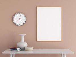 Modern and minimalist vertical wooden poster or photo frame mockup on the wall in the living room. 3d rendering.