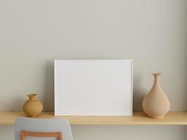 Modern and minimalist horizontal white poster or photo frame mockup on the wall in the living room. 3d rendering.