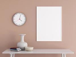 Modern and minimalist vertical white poster or photo frame mockup on the wall in the living room. 3d rendering.