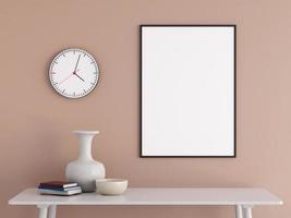 Modern and minimalist vertical black poster or photo frame mockup on the wall in the living room. 3d rendering.