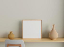 Modern and minimalist square wooden poster or photo frame mockup on the wall in the living room. 3d rendering.