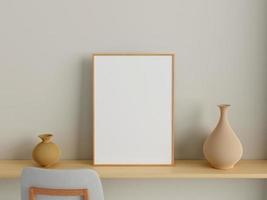 Modern and minimalist vertical wooden poster or photo frame mockup on the wall in the living room. 3d rendering.
