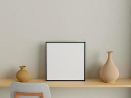 Modern and minimalist square black poster or photo frame mockup on the wall in the living room. 3d rendering.