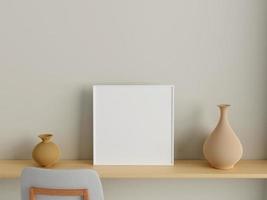 Modern and minimalist square white poster or photo frame mockup on the wall in the living room. 3d rendering.