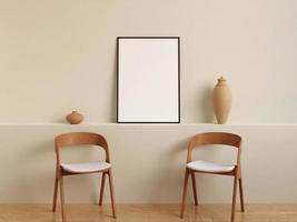 Modern and minimalist vertical black poster or photo frame mockup on the wall in the living room. 3d rendering.