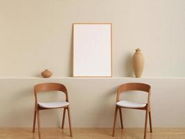 Modern and minimalist vertical wooden poster or photo frame mockup on the wall in the living room. 3d rendering.