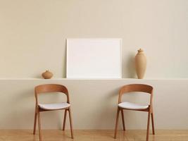 Modern and minimalist horizontal white poster or photo frame mockup on the wall in the living room. 3d rendering.