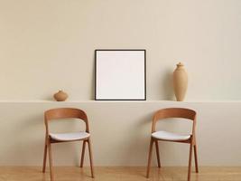 Modern and minimalist square black poster or photo frame mockup on the wall in the living room. 3d rendering.