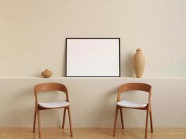 Modern and minimalist horizontal black poster or photo frame mockup on the wall in the living room. 3d rendering.