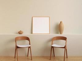 Modern and minimalist square wooden poster or photo frame mockup on the wall in the living room. 3d rendering.