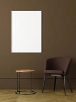 Modern and minimalist vertical white poster or photo frame mockup on the wall in the living room. 3d rendering.